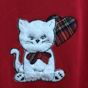 Vtg Y2K Red Sweatshirt Dress Brushed Fun Fur Cat Long Sleeve Crew Neck Plaid  L